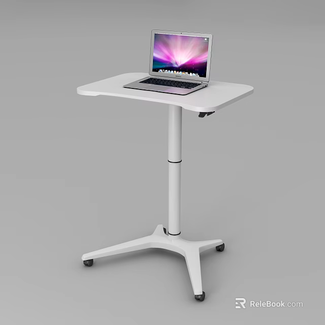 Height Adjustable White Functional Desk with Rolling Casters and Laptop on Top 3d model 