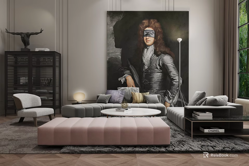 Modern Stylish Sofa Coffee Table Set Interior Design With Large Artwork And Area Rug 3d model 