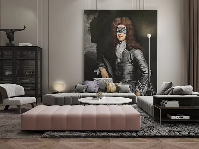 Modern Stylish Sofa Coffee Table Set Interior Design With Large Artwork And Area Rug 3d model