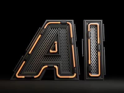 Futuristic AI Letter Design With Metallic Grid And Orange Accent Lines 3d model