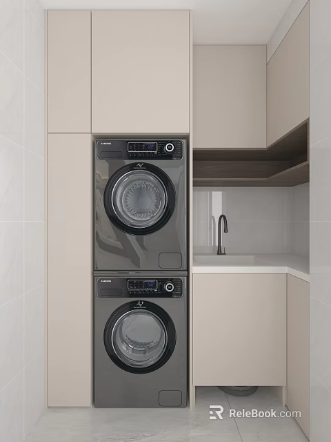 Modern Laundry Area With Stacked Washer Dryer Light Cabinets And Countertop 3d model 