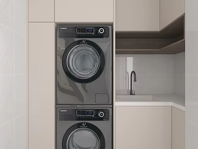 Modern Laundry Area With Stacked Washer Dryer Light Cabinets And Countertop 3d model