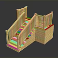 Detailed Wooden Staircase Model Featuring Steps Railings And Platform Structure 3d model