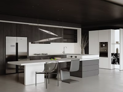 Modern Restaurant Kitchen Interior With Island Counter Stainless Steel Appliances And Pendant Lights 3d model