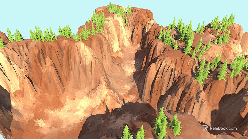 Red Mountain Range With Steep Cliffs Green Pine Trees Growing On Natural Slopes 3d model