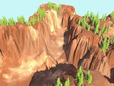 Red Mountain Range With Steep Cliffs Green Pine Trees Growing On Natural Slopes 3d model
