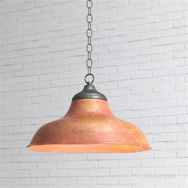 Copper Chandelier With Green Top Hanging On Chain Against White Brick Wall Design 3d model 