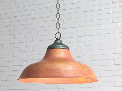 Copper Chandelier With Green Top Hanging On Chain Against White Brick Wall Design 3d model