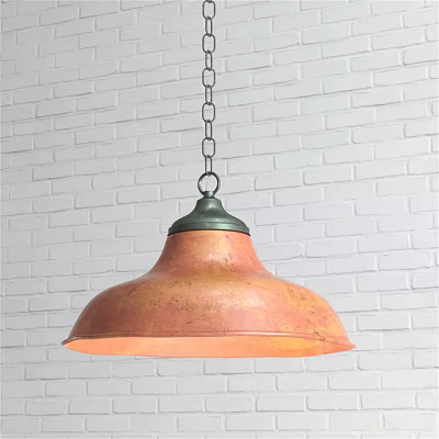 Copper Chandelier With Green Top Hanging On Chain Against White Brick Wall Design 3d model