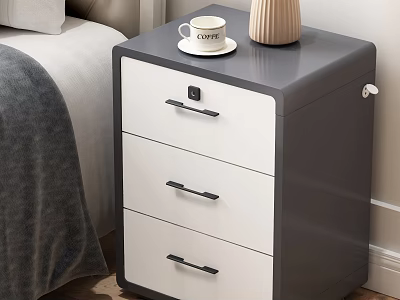 Grey And White Bedside Table With Three Drawers Black Handles Cup And Vase On Top 3d model