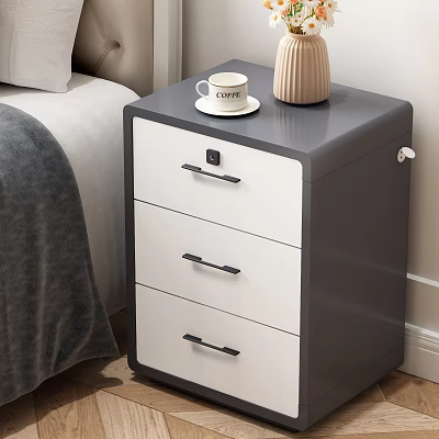 Grey And White Bedside Table With Three Drawers Black Handles Cup And Vase On Top 3d model