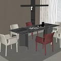 Modern Dining Table Set With Marble Top White Red Chairs Minimalist Lighting And Indoor Plant