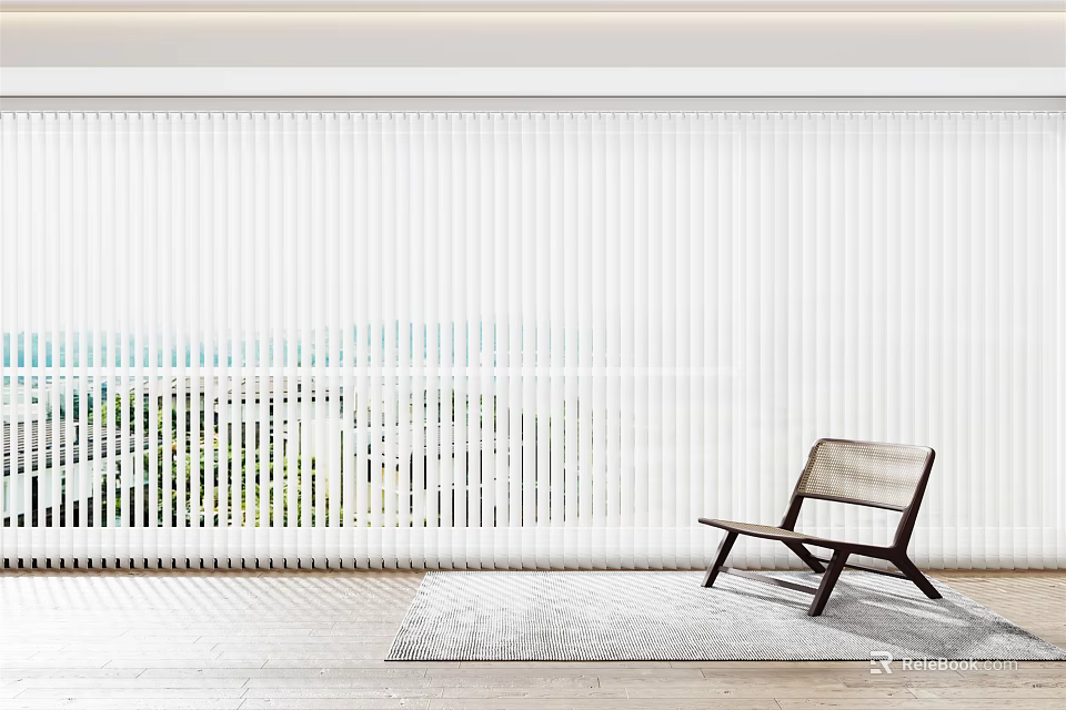 White Blinds Covering Large Window In Modern Interior With Wooden Floor And Lounge Chair 3d model 