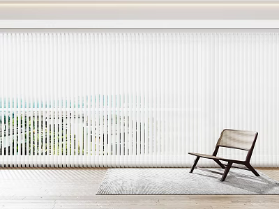 White Blinds Covering Large Window In Modern Interior With Wooden Floor And Lounge Chair 3d model