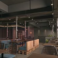 Modern Industrial Restaurant Interior With Wooden Tables Metal Chairs And Pendant Lighting