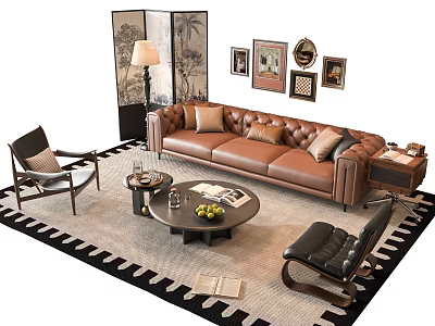 Luxury Brown Leather Sofa Coffee Table Set With Accent Chairs Area Rug And Wall Art 3d model