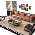 Luxury Brown Leather Sofa Coffee Table Set With Accent Chairs Area Rug And Wall Art