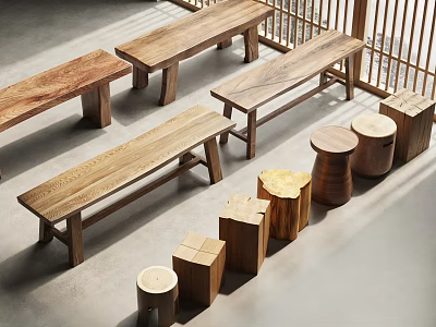 Various Wooden Stools With Long Benches And Round Designs In Modern Indoor Space 3d model