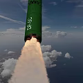 Green Missile Flying With Rocket Exhaust Over Ocean And Land Under Cloudy Sky