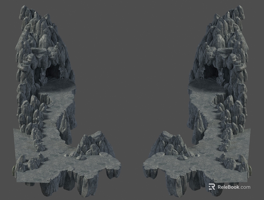 Symmetric Natural Stone Rock Formation With Wooden Accents And Cave Entrances 3d model 