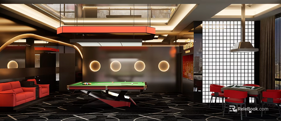 Modern Billiard Room Interior With Green Felt Table And Circular Wall Lights 3d model