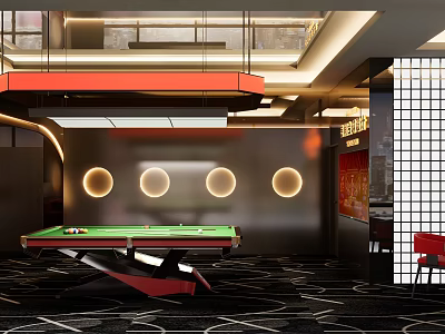 Modern Billiard Room Interior With Green Felt Table And Circular Wall Lights 3d model
