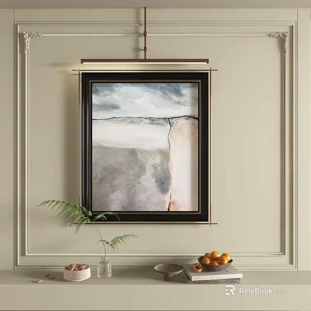 Framed Abstract Painting Hanging on Light Colored Wall with Console Table Plant and Fruits 3d model 