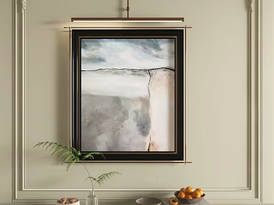 Framed Abstract Painting Hanging on Light Colored Wall with Console Table Plant and Fruits 3d model