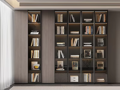 Stylish Modern Wooden Bookcase Featuring Multiple Shelves with Books and Decorative Items 3d model