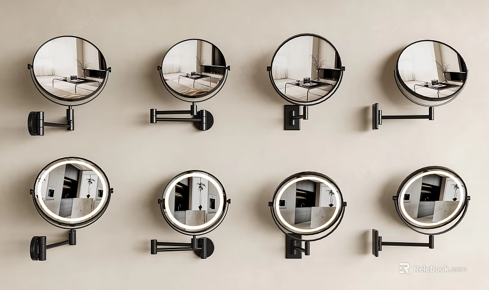 Eight Round Mirrors Mounted on Light Colored Wall with Black Brackets Reflecting Room Scenes 3d model 
