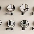 Eight Round Mirrors Mounted on Light Colored Wall with Black Brackets Reflecting Room Scenes