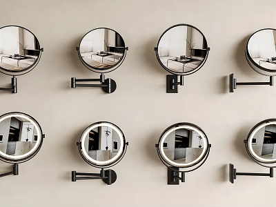 Eight Round Mirrors Mounted on Light Colored Wall with Black Brackets Reflecting Room Scenes 3d model