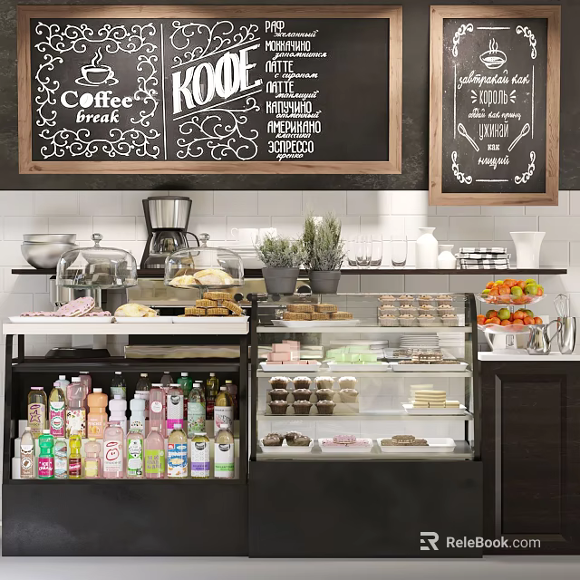 Café Kitchen Featuring Blackboard Menu Display Cabinet Pastries Beverages Coffee Machine And Lavender Plant 3d model 