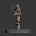 Man In Detailed Armor Statue Holding Long Staff On Circular Pedestal