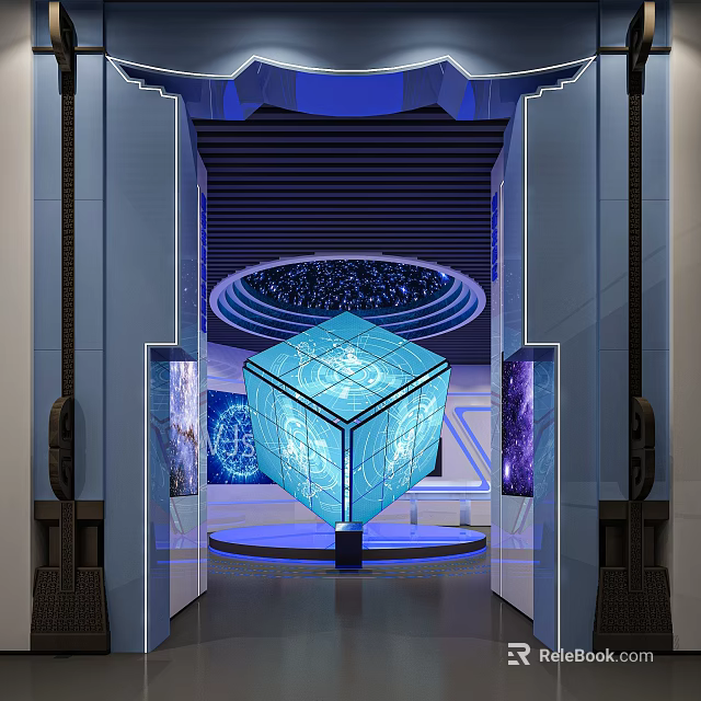 Futuristic Tech Exhibition Hall Featuring Glowing Cube Circular Structure And Blue Lighting 3d model 