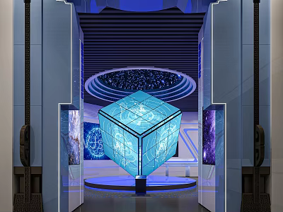 Futuristic Tech Exhibition Hall Featuring Glowing Cube Circular Structure And Blue Lighting 3d model