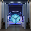 Futuristic Tech Exhibition Hall Featuring Glowing Cube Circular Structure And Blue Lighting 3d model