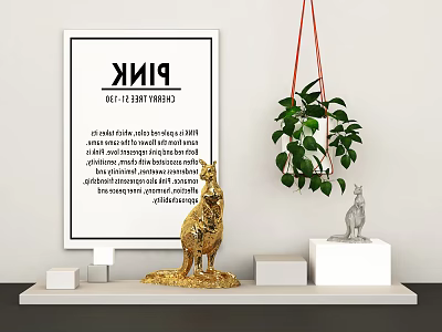 Decorative Ornament Set with Pink Poster Gold Silver Animal Figurines Hanging Plant on White Shelf 3d model
