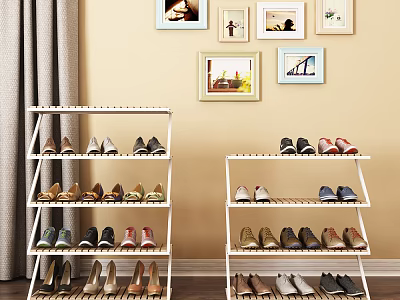 White Multi Tiered Shoe Rack With Shoes Decorative Paintings And Curtain In Interior 3d model