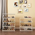 White Multi Tiered Shoe Rack With Shoes Decorative Paintings And Curtain In Interior