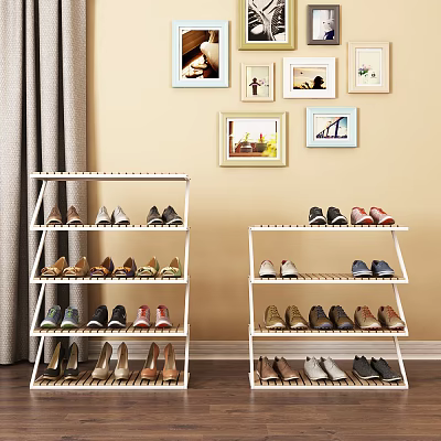 White Multi Tiered Shoe Rack With Shoes Decorative Paintings And Curtain In Interior 3d model