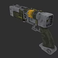 Sci Fi Weapon With Yellow Energy Core Green Grip Gray Body And Mechanical Design