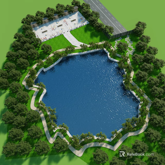 Bird's Eye View Planning of Circular Lake With Surrounding Trees Paths and Open Green Space 3d model 