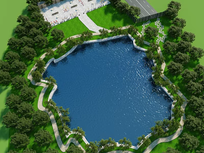 Bird's Eye View Planning of Circular Lake With Surrounding Trees Paths and Open Green Space 3d model