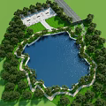 Bird's Eye View Planning of Circular Lake With Surrounding Trees Paths and Open Green Space