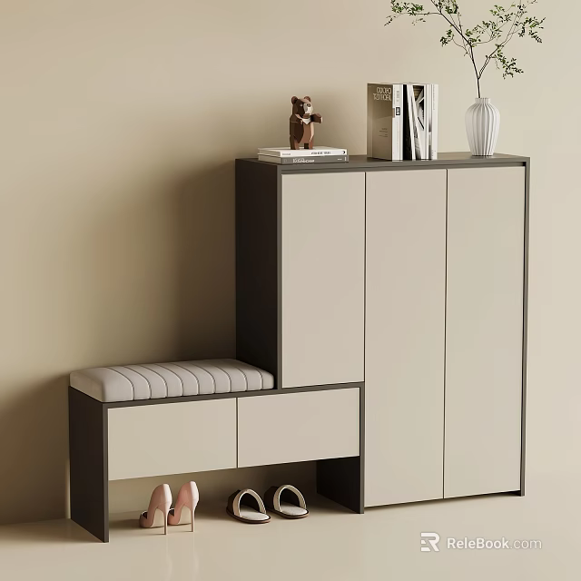 Modern Shoe Cabinet With Padded Bench Decorative Items And Storage Space 3d model 