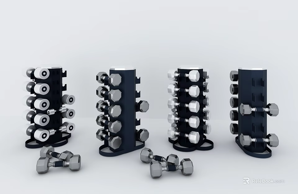 Multiple Dumbbell Racks With Stacked Dumbbells For Home Gym Equipment Storage Design 3d model 