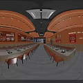 Bright Modern Hot Pot Restaurant with Orange Walls Orange Chairs Counter Seats and Decorative Paintings