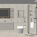 Modern Bathroom Interior Design With Wall-Mounted Vanity Glass Shower Enclosure Toilet And Shelves