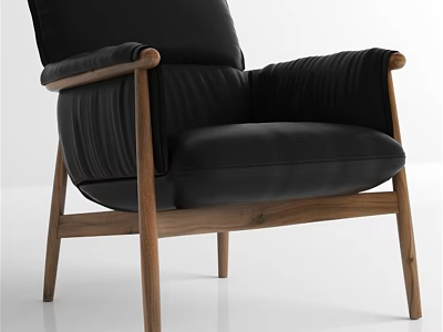 Black Leather Leisure Chair With Walnut Wooden Frame And Modern Minimalist Design 3d model